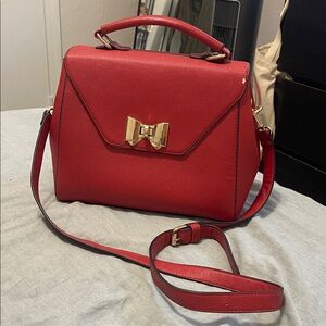 Chic Red Crossbody Bag with Gold Bow by Biebaobao